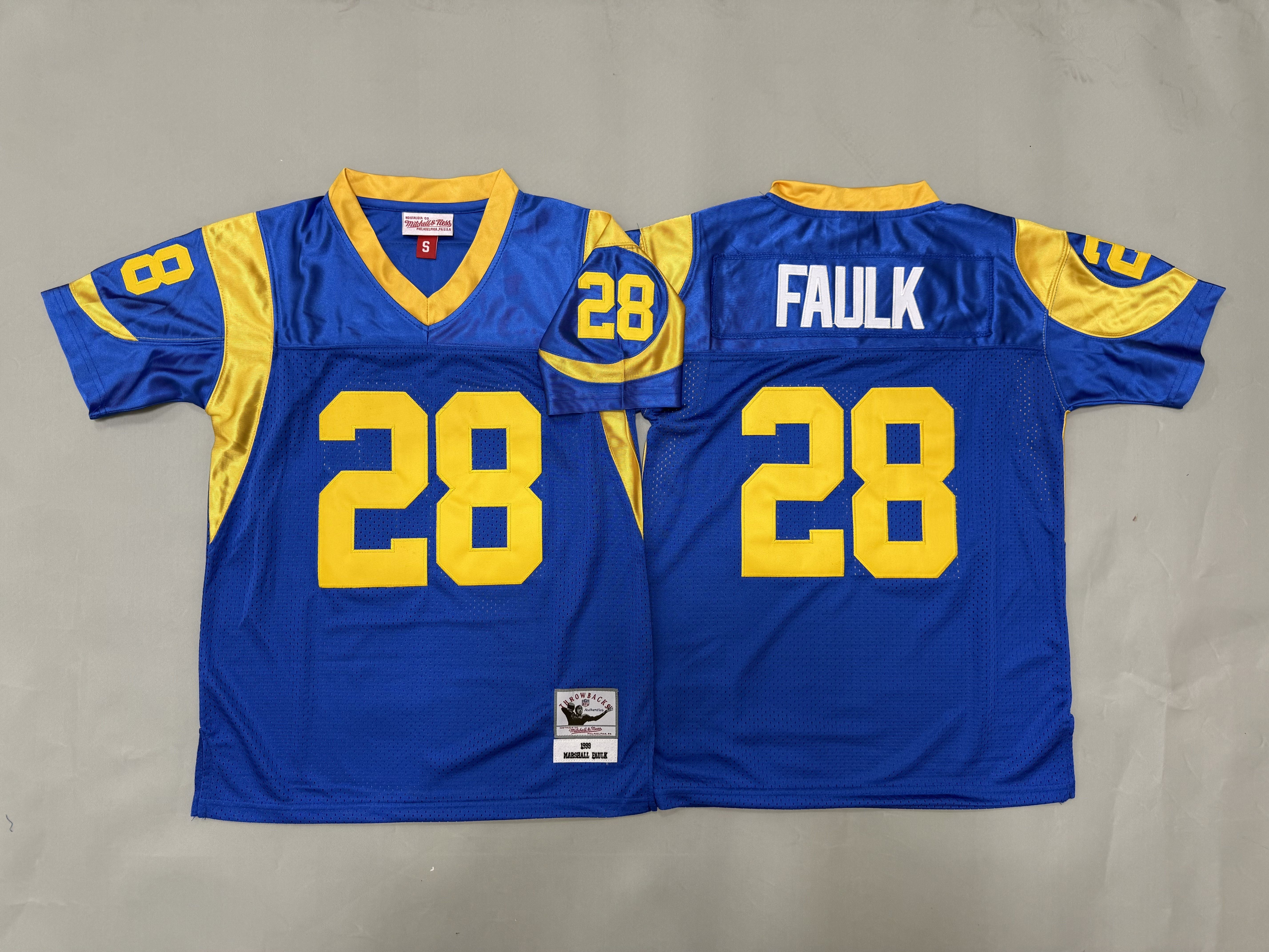 Youth 2026 Los Angeles Rams #28 Faulk Blue Throwback Limited NFL Jersey style 01